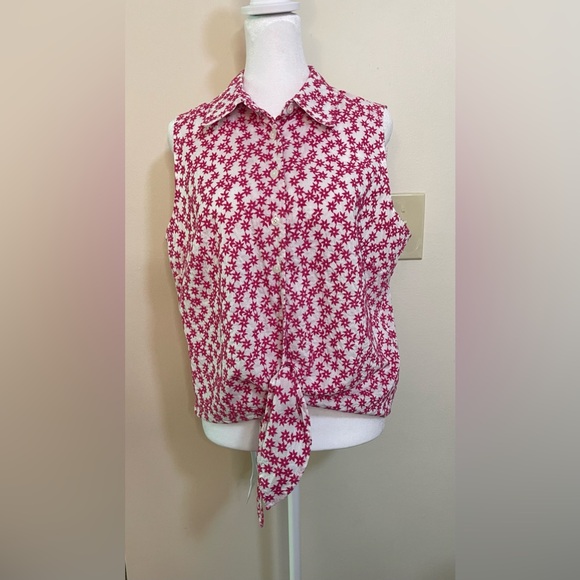 Talbots Tops - Talbots Women’s Pink Starts Embroidery Sleeveless Button & Tie Front Top Sz 14
